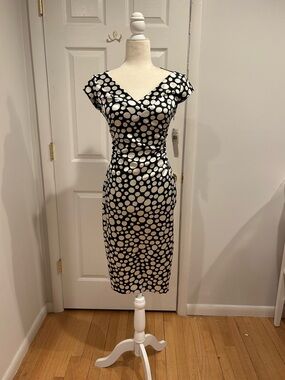 Maggy London Black and White Polka Dot Midi Sheath Dress